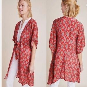 Rujuta Sheth Anthropologie Red Blue Printed Viscose Kimono Top Robe Cover Up Nwt